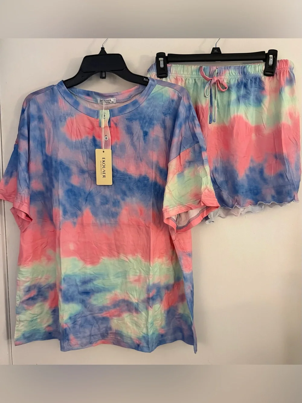 Women's Tie-Dye Henley Short Pajama Set in Coral, Blue & Mint